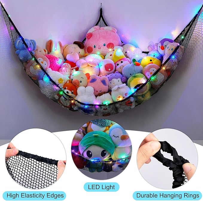 Unicorn Castle Stuffed Animals Net or Hammock Kids Toy Storage Organizer with LED Light Hanging Corner Stuffed Animals Holder Kids Girls Room Decor,Black,XLarge (Pack of 1)