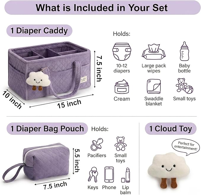 PeraBella Baby Diaper Caddy Organizer, Baby Basket Shower Gift, Portable Changing Table Basket, Postpartum Caddy & Tote Bag Pouch, Newborn Boy & Girl Nursery Essentials Registry, Car Diaper Organizer
