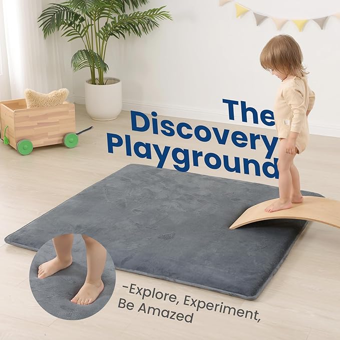 Huloo Sleep Baby Play Mat for Floor,1.3" Thick Elasti-Foam 47"×47" Playpen Mat for Tummy Time,Water Repellent Soft Coral Velvet for Toddler,Infant,Kids,Non-Slip Backing Safe for Crawling(Dark Grey)