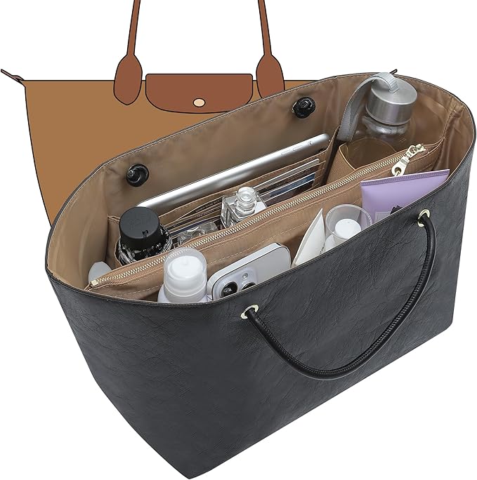 Doxo NEW Purse Organizer Insert for Longchamp LePliage Large,Fixed Handle, Bag Shaper with Key Leash& 16 Compartments, Upgraded Elastic Cup Holder(Black&Brown, L)