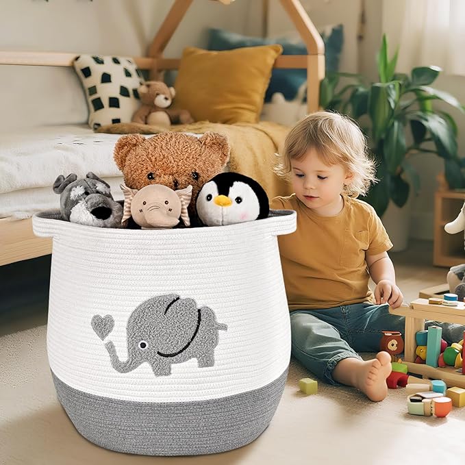 Large Baby Laundry Basket, Gray Laundry Hamper for Baby, Toy and Blanket Storage Basket, Cotton Rope Baskets for Organizing 17"x15.7"