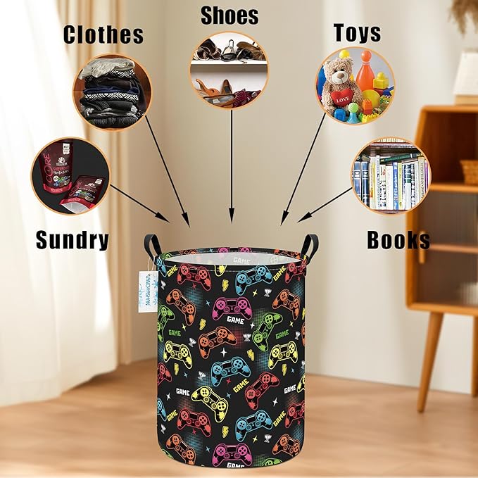 LANGYASHAN Laundry Basket Canvas Fabric Collapsible Organizer Basket for Storage Bin Toy Bins Gift Baskets Bedroom Clothes Children Nursery Hamper (Game)