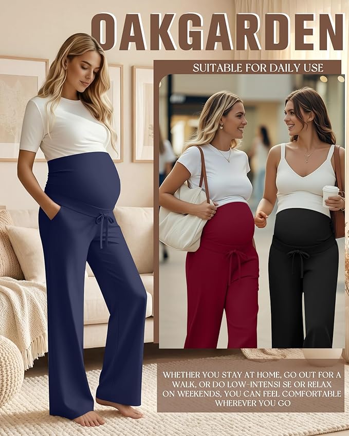 3 Pcs Maternity Sweatpants Over The Belly Pregnancy Straight Wide Leg Elastic Drawstring Pants Joggers with Pockets
