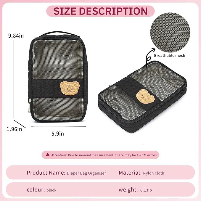 Diaper Bag Organizer Pouches - 2 Pack, Small Diaper Bag Mini Purse, Travel Baby Bag for Boys & Girls, Black