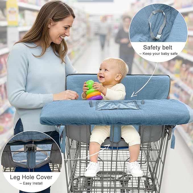 Muslin Shopping Cart Cover for Baby Soft & Breathable High Chair Covers for Restaurant Seat Grocery Cart Cover with Storage Pocket Machine Washable for Infant Toddler Boy Girl, Dusty Blue