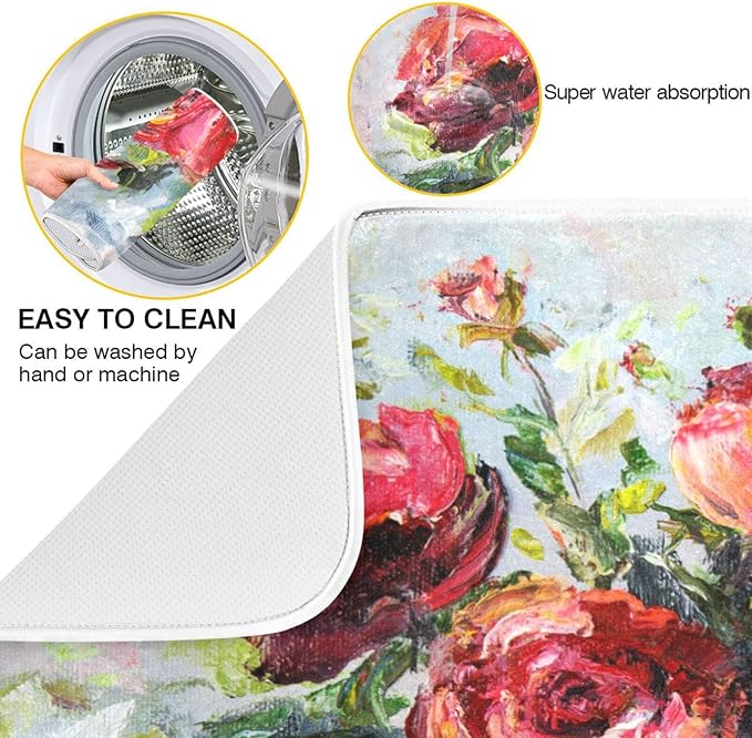 Absorbent Dish Drying Mat for Kitchen Counter - Red Rose Oil Painting Microfiber Drying Pad, Reversible Drainer Mats for Countertop, Small 16" x 18"