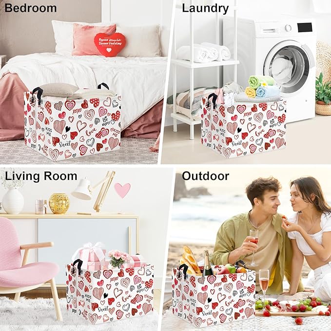 Clastyle Rectangular Line Love Baby Storage Basket Fabric Organizer Bin for Toys Books ClothesGifts Pets, Perfect for Home Office Nursery Dorm Shelf Kid Boy Girl Room(Red Pink Hearts)
