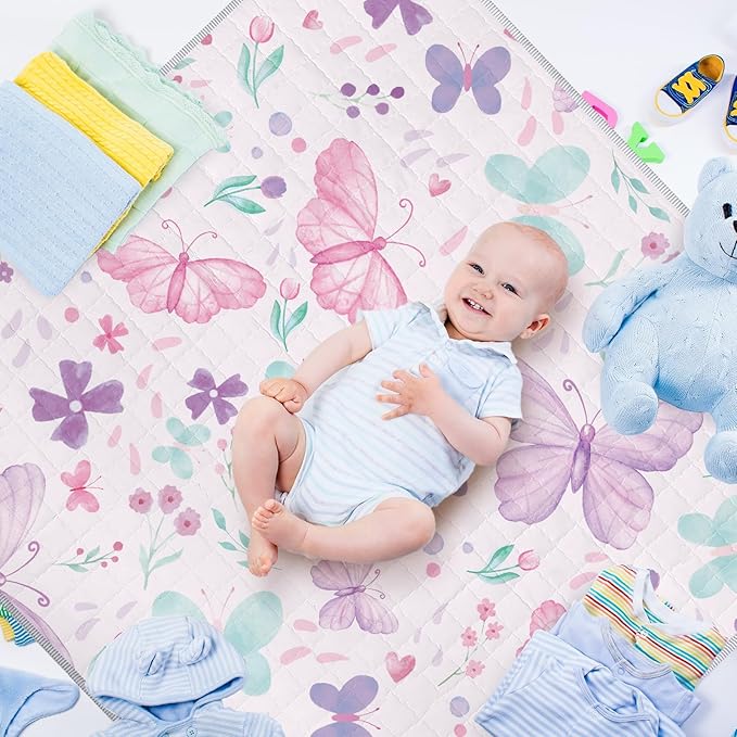 Funtery 43 x 43 Inch Boho Baby Play Mat Portable Crawling Washable Foldable Tummy Time Non Slip Baby Floor Large Playpen Mat for Infants Toddlers Floor Playpen Activity(Butterfly)