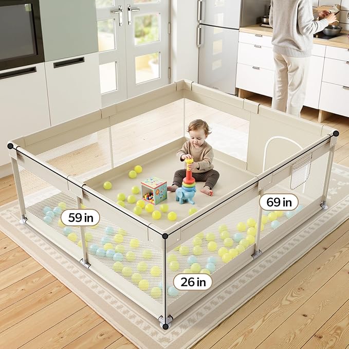 Fodoss Baby Playpen, 59×69in Beige Playpen for Babies and Toddlers, Play Pen for Apartment, Kids Activity Fence, Baby Playard with All-Side Mesh, Pull Rings