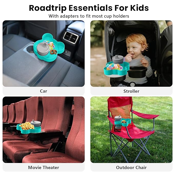 Car Seat Tray - Convert Cup Holder to a Tray for Snacks, Toys, 360 Rotatable for Kids Travel, Anywhere with Cup Holder (Teal)