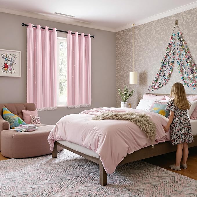 XiDi Light Pink Blackout Curtains for Girls Bedroom Living Room 63 Inches Long 2 Panels Noise Reducing Hollow Star Nursery Kids Curtains Thermal Insulated Room Darkening Grommet Window Drapes 34x63