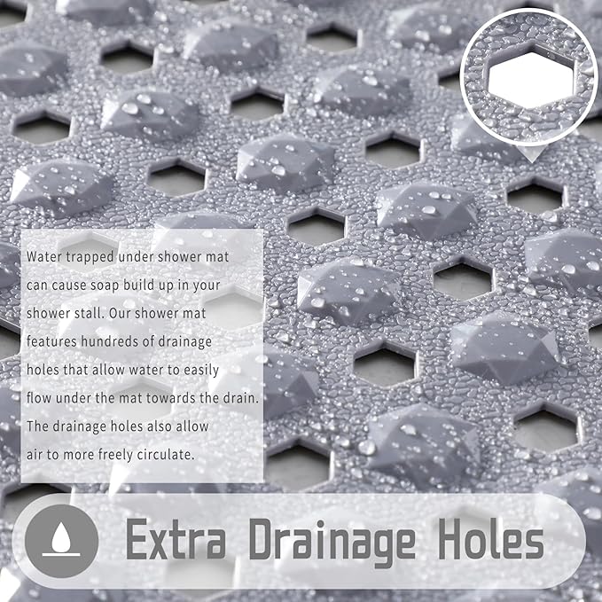 Yimobra Square Shower Floor Mat Non Slip, 21"x21" Machine Washable Bath Tub Mat, Soft on Feet, Bathmat with Drain Holes and Suction Cups, Fast Draining, Grey