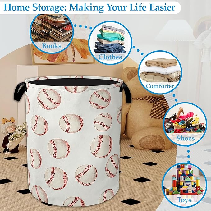 Groovy Baseball Laundry Basket Collapsible Laundry Hamper Clothes Toy Storage Bin for Bathroom Bedroom Room Decor 16" X 20.8"