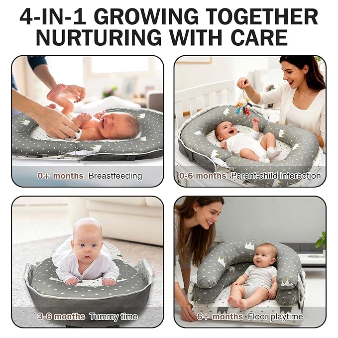 Baby Lounger, Foldable Portable Waterproof Baby Nest Cover, 0-24 Months Newborn Tummy Time Training & Seating Support Pillow, Dual-Use Breathable Infant Lounger Backpack for Home & Travel (Gray)
