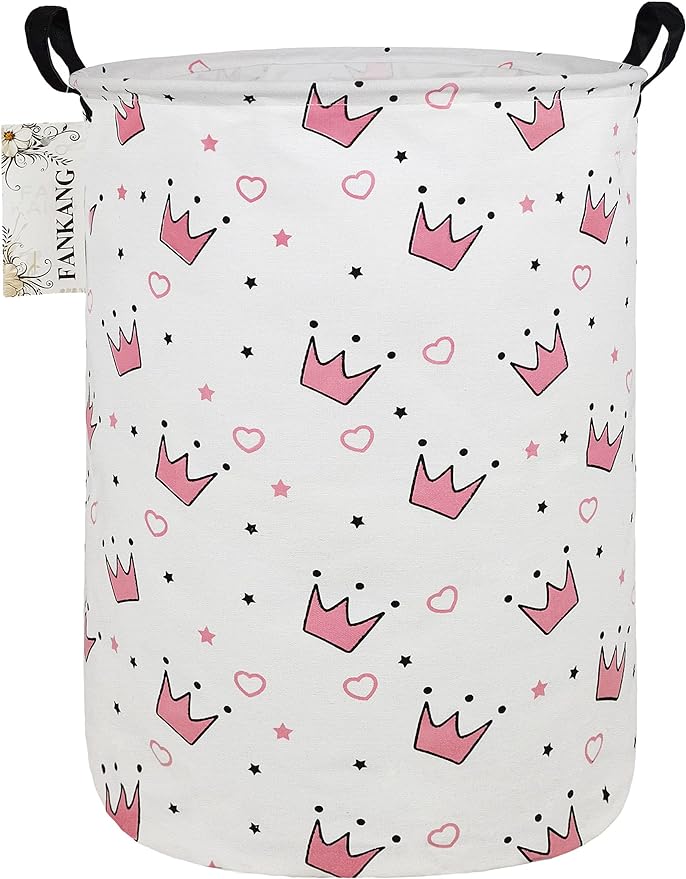 FANKANG Storage Basket, Nursery Hamper Canvas Laundry Basket Foldable with Waterproof PE Coating Large Storage Baskets for Kids Boys and Girls, Office, Bedroom, Clothes,Toys（pink crowns）