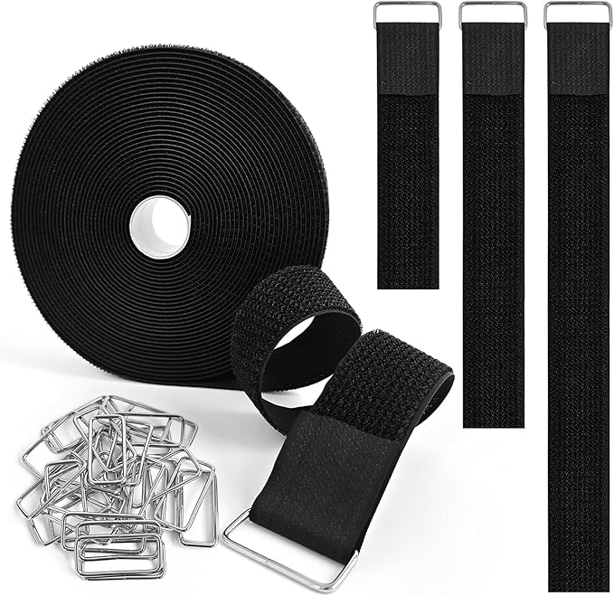 1.5 Inch x 32 Ft Cable Tie with Hooks, 30 Metal Buckles, Adjustable Reusable Securing Cord Ties, Freely Cut-to-Length Cinch Strap, Suitable for Organization and Storage