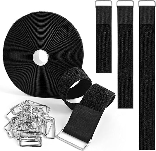 1.5 Inch x 32 Ft Cable Tie with Hooks, 30 Metal Buckles, Adjustable Reusable Securing Cord Ties, Freely Cut-to-Length Cinch Strap, Suitable for Organization and Storage
