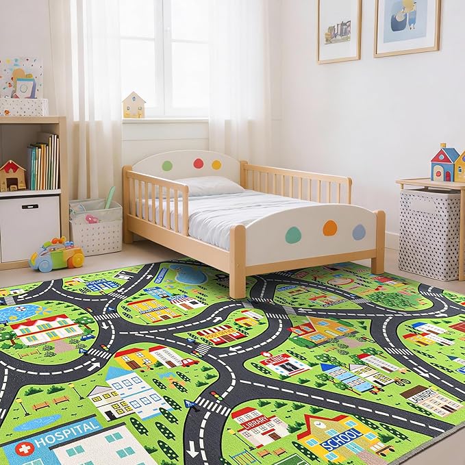 Community Kids Car Play Rug - Educational Play Mat Carpet with Fire Station, School, Park & More for Learning and Play, Ideal for Playroom Classroom Bedroom Nursery, 6x9ft