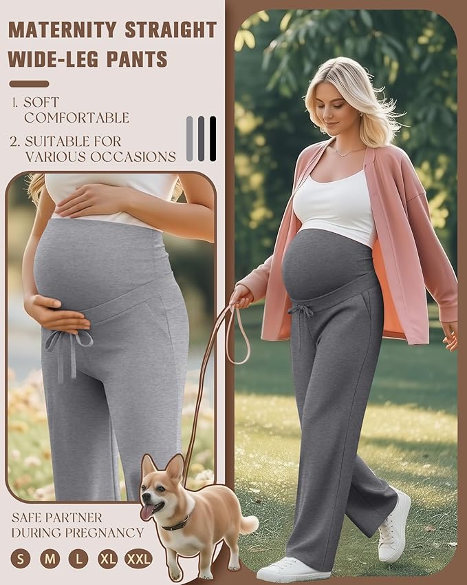 3 Pcs Maternity Sweatpants Over The Belly Pregnancy Straight Wide Leg Elastic Drawstring Pants Joggers with Pockets