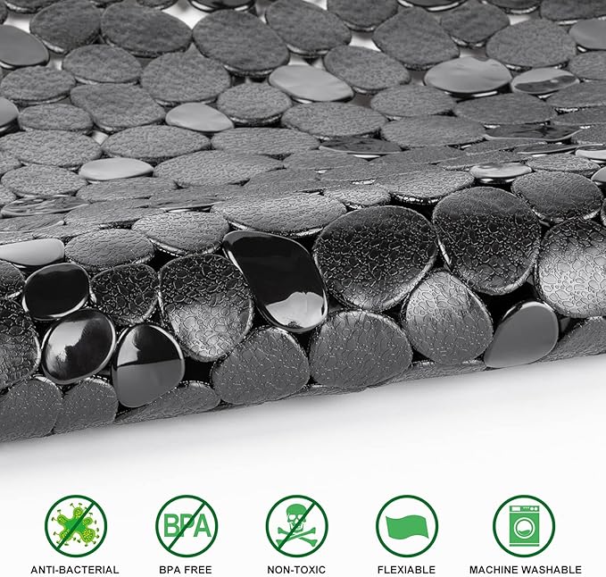 WELTRXE Pebbles Bath Mat for Tub Black Non-Slip Bathtub Mat with Suction Cups, Drain Holes for Bathroom Showers, Tub, Machine Washable, BPA, Latex Free Oval Shower Mats Bath Tub mat, 27 x 14 Inch