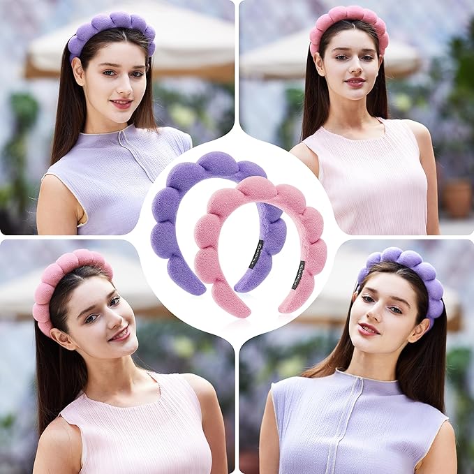 Spa Facial Headbands Combo Pack - 2 Terry Cloth Makeup Headbands for Face Washing, Masks, and Skin Treatments (Pink + Purple)