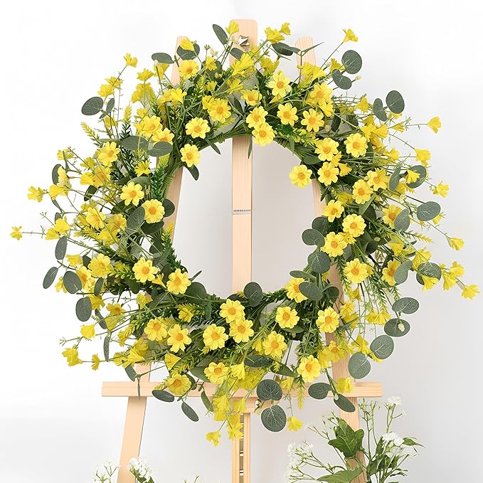 Pinkpum 22" Daisy Eucalyptus Wreath for Front Door, Artificial Spring Summer Floral Wreath for Front Door, Home Farmhouse Wedding Wall Window Decor
