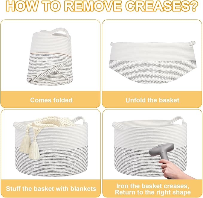 Large Girl Laundry Basket,20''x13''Woven Cotton Rope Laundry Hamper,Baby Blanket Basket for Living Room;Toy storage;Woven basket;Nursery Hamper,Storage Bin,Home Room Decor (White)