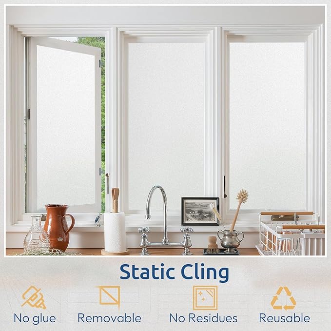 rabbitgoo Window Privacy Film, Non-Adhesive Frosted Glass Window Film for Bathroom, Static Cling Heat Blocking Stickers for Home Indoor Opaque Frosting Coverings House Tint, Matte White 17.5" x 118.1"