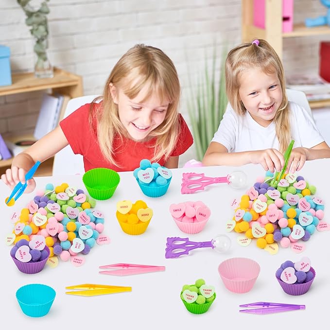 EZdhuawuse Valentines Sensory Bin Fillers - 268P Valentine’s Day Gift Fine Motor Toy Counting Sorting Set for Kid, Felt Conversation Heart Colorful Pom Poms Cup Clip for Preschool Education Activities