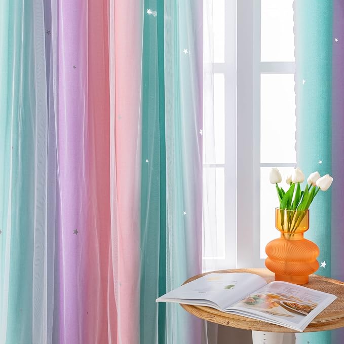 Blackout Curtains for Girls Room, Kids Bedroom 62 Inch Pink Rainbow Unicorn 1 Panels, Blackout Lining Window Wall Decor with Tie Backs
