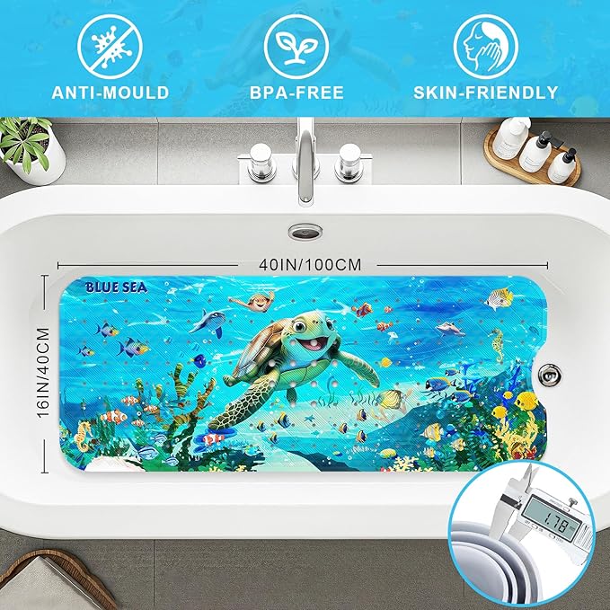Upgrade Cartoon Baby Bath Mat Non Slip - 40"x16" Extra Long Bathtub Mat for Baby Eco Friendly Durable Bath Mat for Tub Non Slip Kids Tub Mat with Suction Cups, Machine Washable and No Fading, Turtle