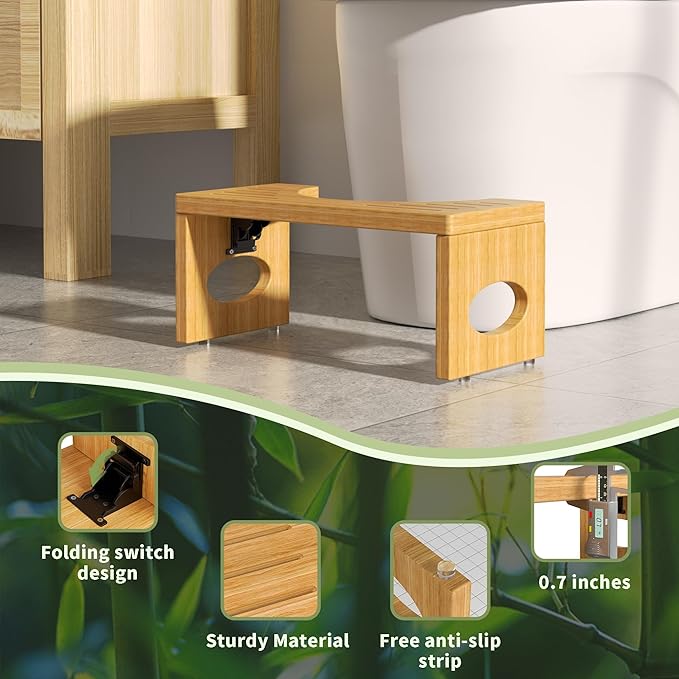 7 Inch Bamboo Toilet Stool, Foldable Poop Stool, Bathroom Step Stool Squat (Natural)