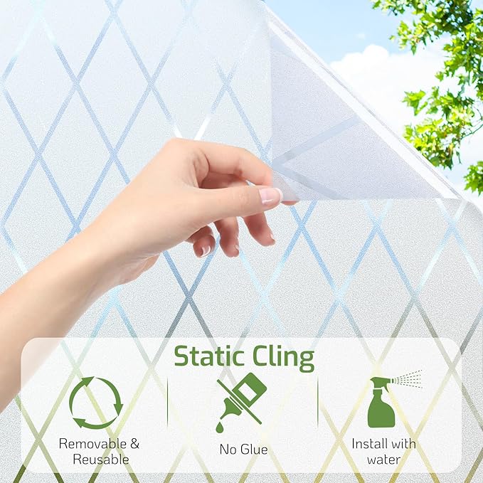 LUTE Frosted Glass Window Privacy Film, Static Cling Non-Adhesive Heat Control Window Cover, Removable Decorative Frosting Decals for Home Office, Lattice Pattern, 23.6" x 118.1"