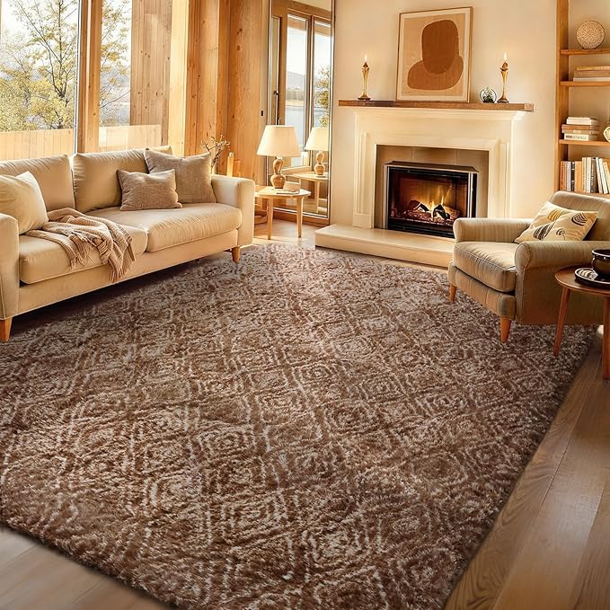 Ophanie Area Rugs for Bedroom Living Room,Color Brown and White,Size 9' x 12',Shape Rectangular