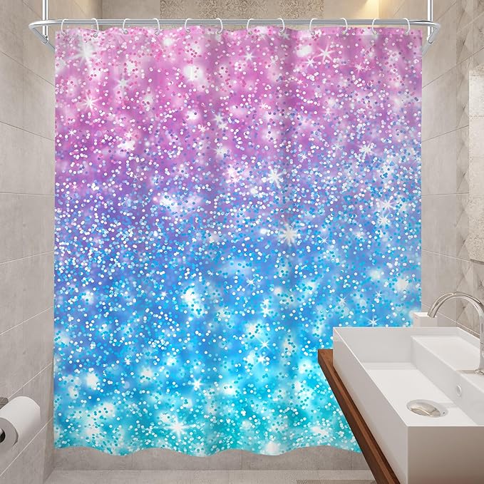 Kids Ombre Teal Shower Curtain 60Wx72H (Not Glitter) Colorful Turquoise Purple Shower Curtain for Girl Women Rainbow Polka Dots Mermaid Not Sparkle Pink Bathroom Decor Fabric with 12 Hook