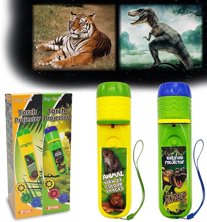 Pup Go 2 in 1 Dinosaur & Animal Torch and Projector Toy for Kids Ages 3 4 5 6 7 Years Old, Educational Learning Toys with 6 Discs 48 Images, Bedtime Night Light for Boys Girls Children (Dino+Animal)