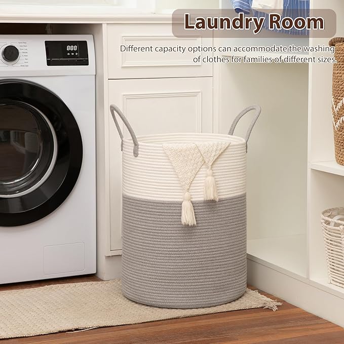OIAHOMY Large Laundry Basket Hamper - 100L Cotton Rope Woven Basket for Blankets, Toys, Clothes - Tall Decorative Nursery Hamper with Long Handles, Grey/White
