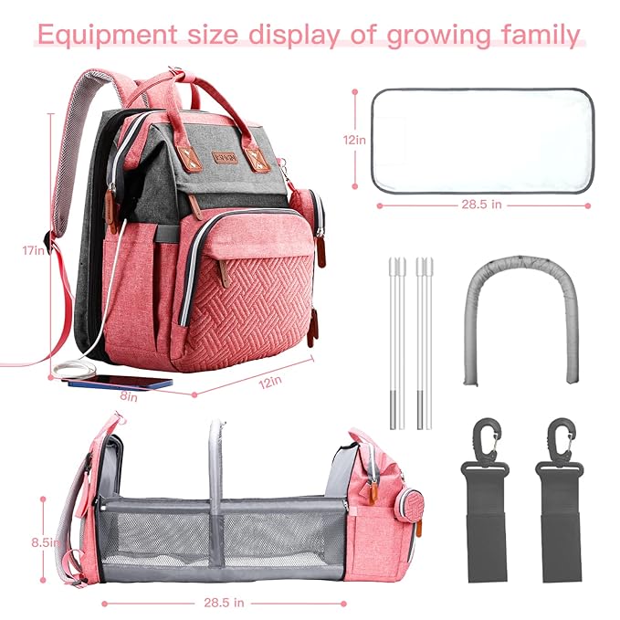 ISMGN Diaper Bag Backpack with Changing Station, Large Diaper Bag, Baby Bag, Multifunctional Diaper Bag, Pinkgray