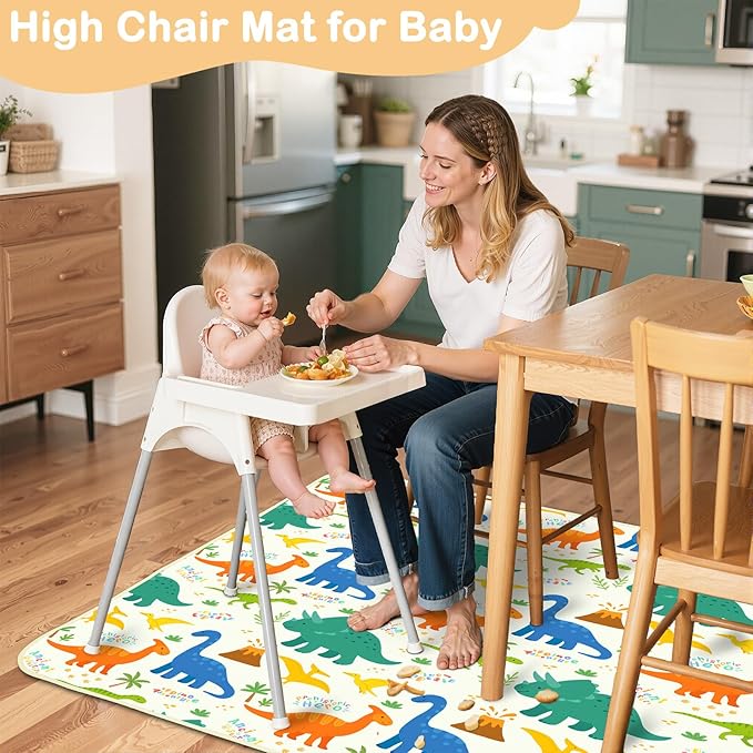 Splat Mat for Under High Chair 42 x 42 Inch Waterproof Baby Splash Mat with Non Slip Bottom Reusable Portable Highchair Mat for Floor Food Catcher for High Chair, Green Dinosaur
