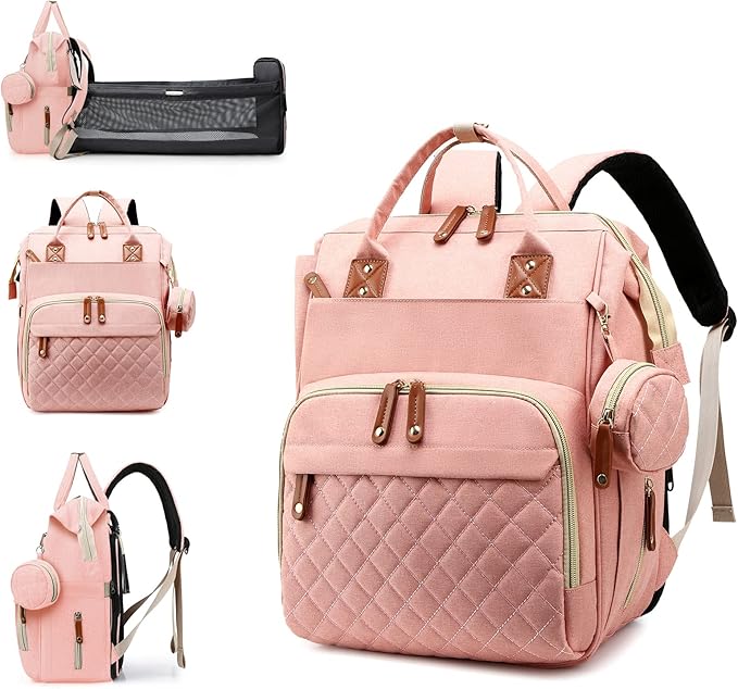 Lamroro Diaper Bag with Changing Station, Waterproof 3 in 1 Baby Diaper Backpack with Foldable Changing Pad, Large Travel Back Pack for Baby Girl Boy, Peach Pink