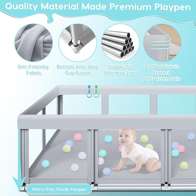 Fshibila 74" ×50" Large Baby Playpen, Baby Playard for Babies and Toddlers, PlayPen for Indoor & Outdoor, Sturdy Safety Play Yard with Soft Breathable Mesh, Anti-Fall, Ball x 18, Handle x 2, Grey