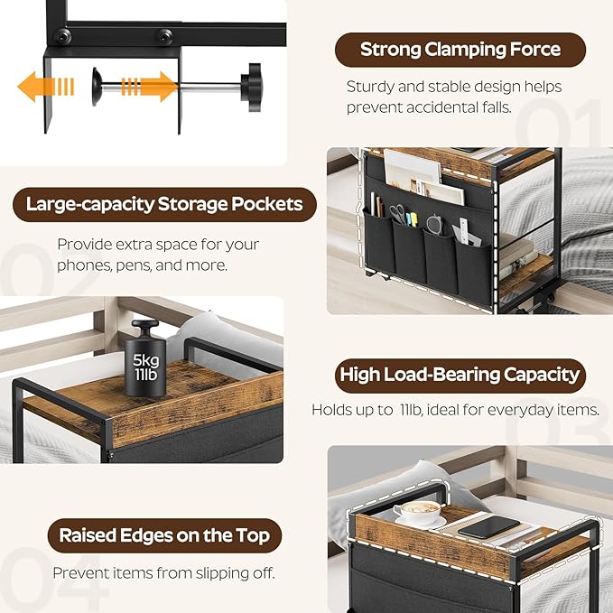 Bedside Shelf, Bunk Bed Shelf with Fabric Pockets Storage, Clip-on Loft & Bunk Bed Tray Shelf for College, Nightstand for Apartment, Sofa, Bedroom, Rustic Brown and Black ET20BR