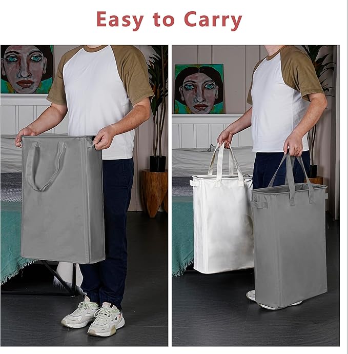 efluky Slim Laundry Basket, Narrow Laundry Hamper with Handles, Collapsible Dirty Clothes Hamper, Tall Laundry Bin for Laundry Room, Dorm and Bedroom, 12.7 Gallons(48L) Grey (Pack of 2)