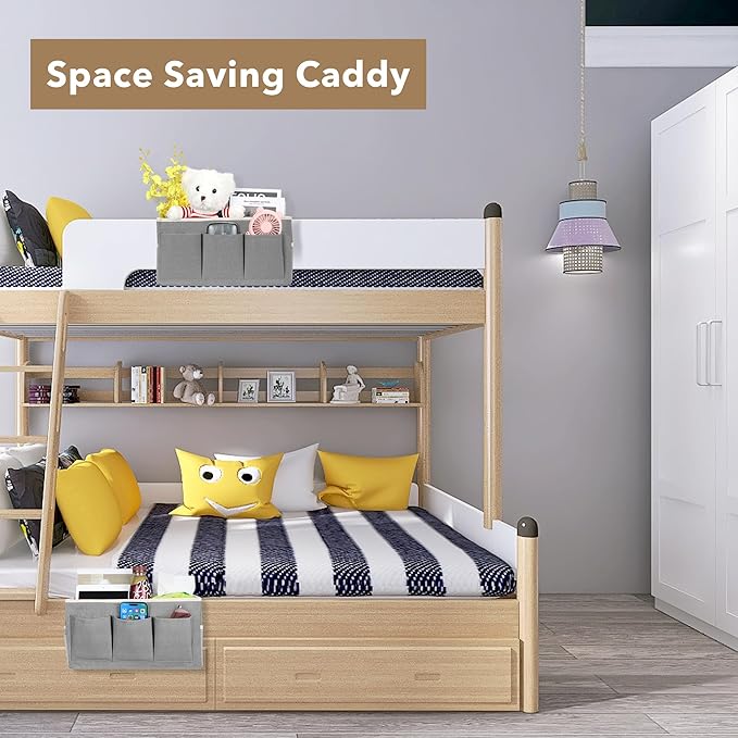 Kanrichu 2pcs Bedside Caddy Storage Organizer, Hanging Bag Holder with Pockets for Bedroom, Loft Bed Tent, Bed Curtain, Top Bunk bed Shelf Accessories (Khaki)
