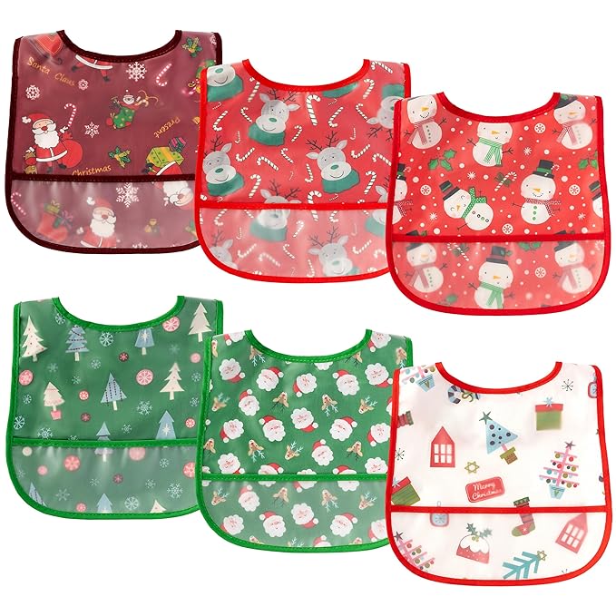 2ooya Christmas Baby Feeding Bib - 6Pcs Toddler Waterproof Food Bibs with Crumb Catcher Pocket Xmas Infant Adjustable Sleeveless Baby Bib First Christmas Gift for Eating Teething Drooling, 6-24 Months