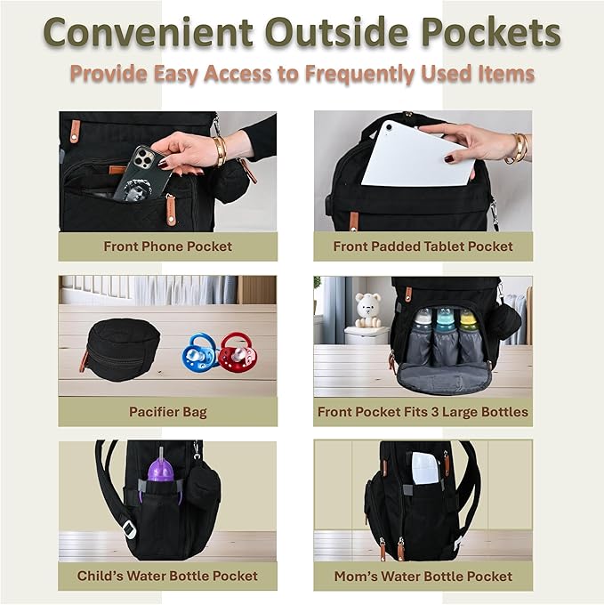 Rojnaz Baby Diaper Bag Backpack - Large Sturdy Bag for Boys & Girls, Changing Pad & Pacifier Case, Large Capacity, Insulated Pockets, Waterproof, Stroller Straps & Carry-on Straps, Unisex - Black