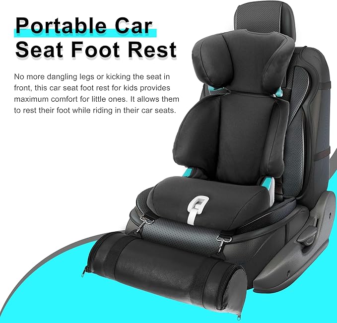 Kalnweis Car Seat Foot Rest,Car Seat Foot Rest for Kids-Booster Seat Foot Rest-Convenient Car Accessories for Kids - Supportive Car Seat Pillow for Toddlers - Long Adjustable Strap (Black Leather)