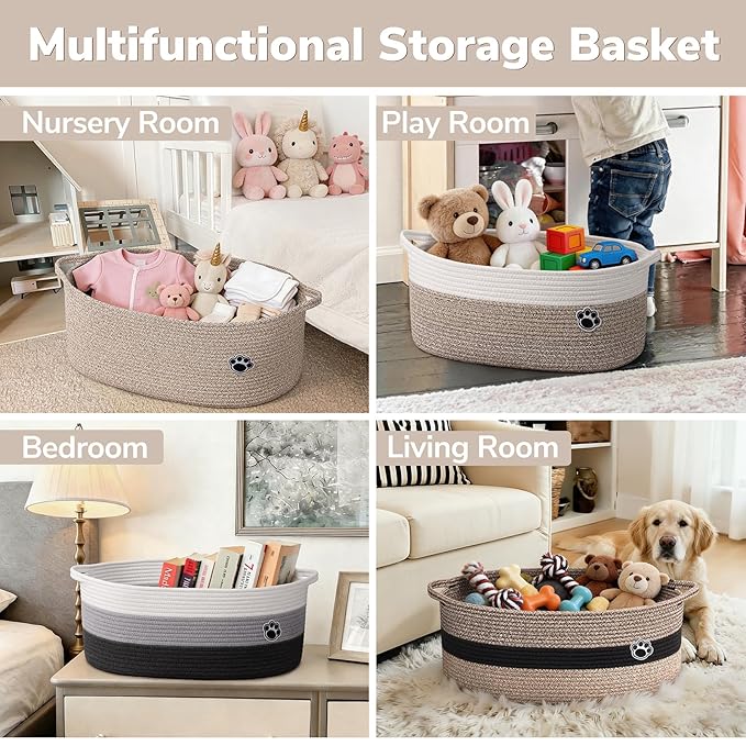 Large Dog Toy Basket, 19.7" X 11" X 7.9" Toy Storage Box for Nursery Living Room, Woven Rope Basket for Dog Cat Supplies Storage, Brown