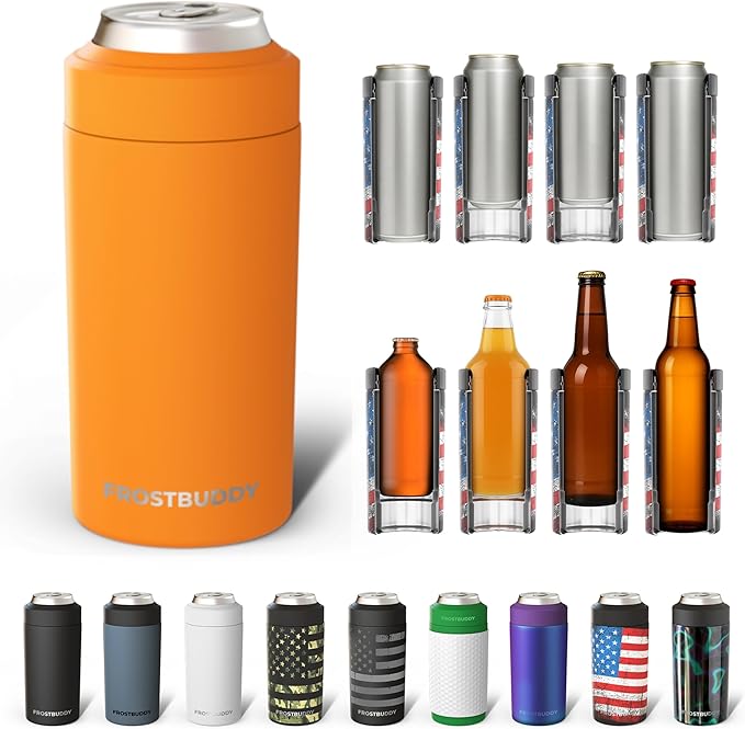 Frost Buddy Universal Can Cooler - Fits all - Stainless Steel Can Cooler for 12 oz & 16 oz Regular or Slim Cans & Bottles - Stainless Steel