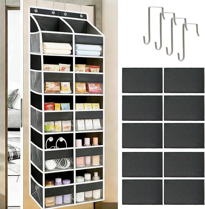 5 Tier Over the Door Organizer with 10 Clear Pockets & 10 Mesh Pockets - Extra Large Behind Door Storage for Closet, Nursery, Bedroom, Pantry | Diaper & Toy Organizer (Black)